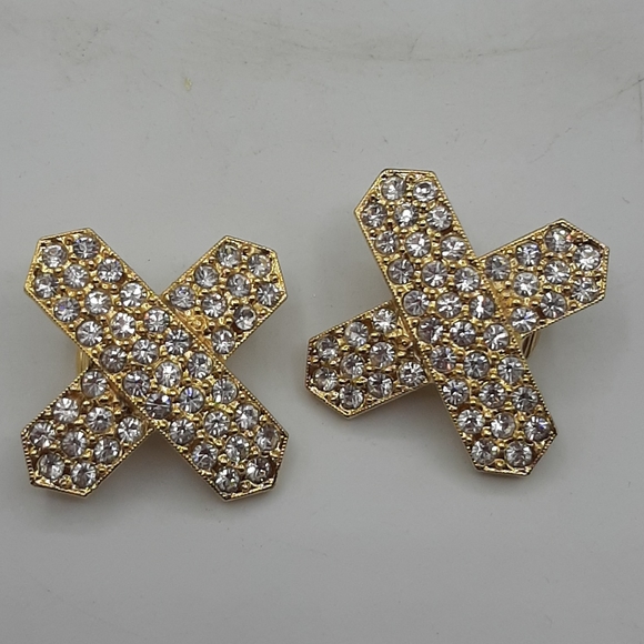 Kenneth Lane Rhinestone Clip On Earrings Criss Cross Gold Tone Signed - Picture 2 of 5